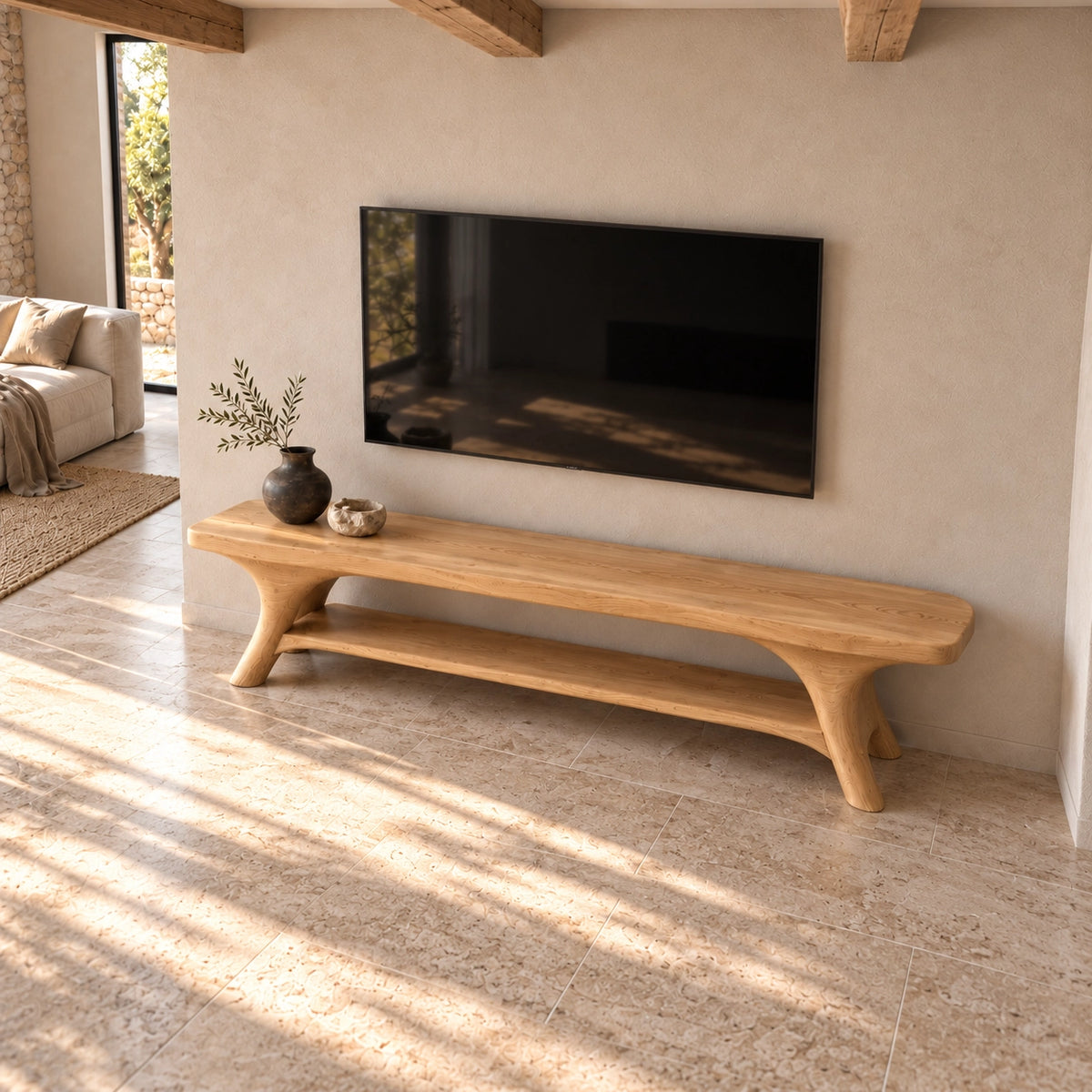 Minimalist TV Stand with Sculpted Legs in Natural Solid Wood for Living - Rustiracraft - 5