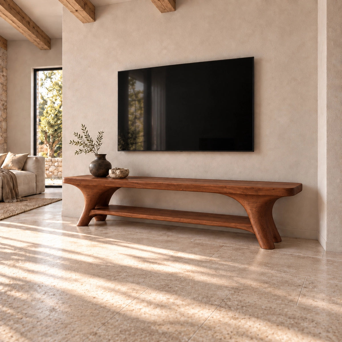 Minimalist TV Stand with Sculpted Legs in Natural Solid Wood for Living - Rustiracraft - 8