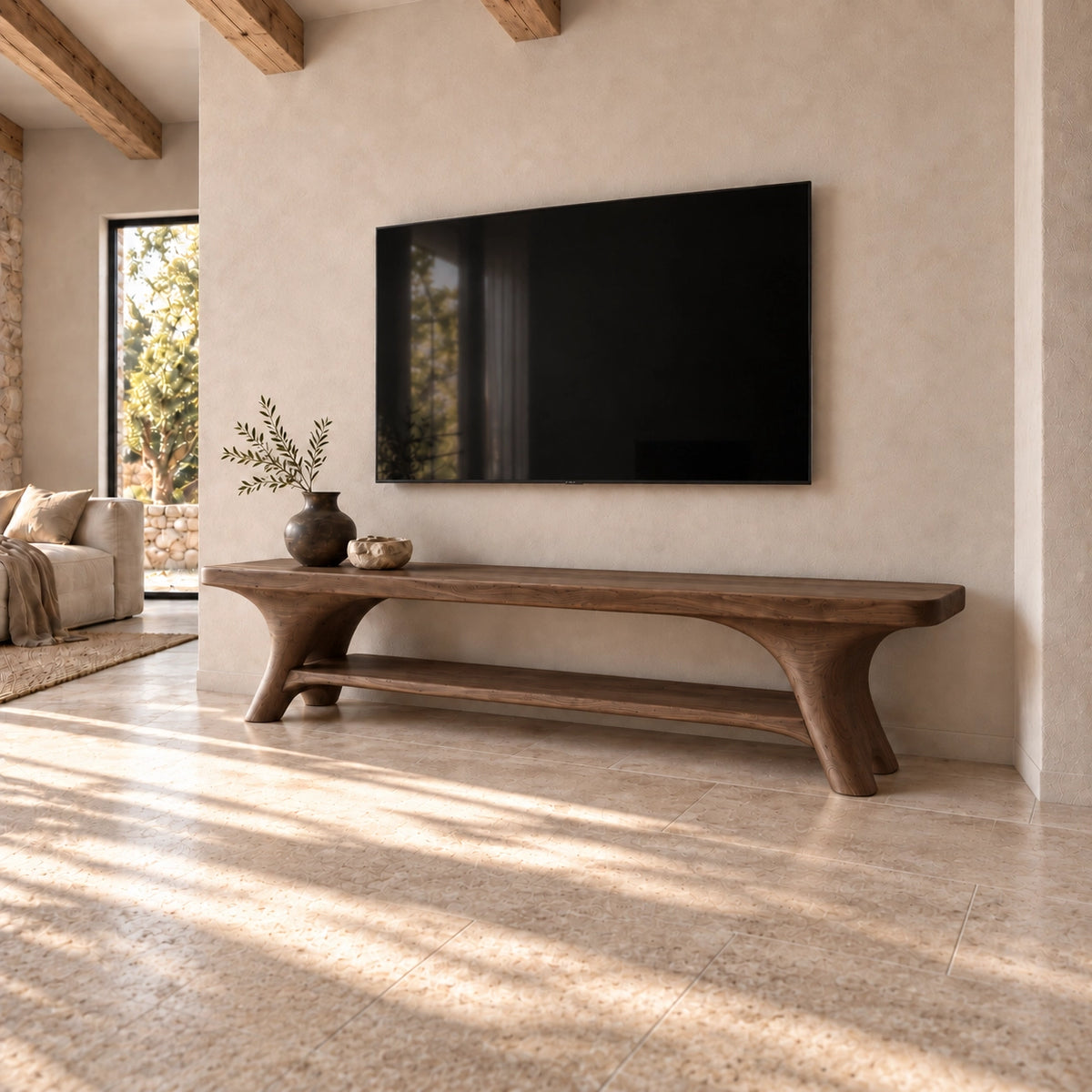 Minimalist TV Stand with Sculpted Legs in Natural Solid Wood for Living - Rustiracraft - 9