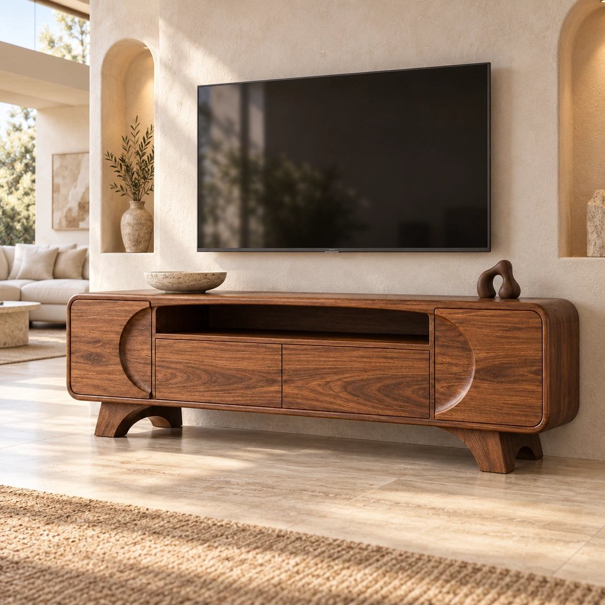 Modern TV Stand with Rounded Storage Drawers in Natural Solid Wood - Rustiracraft - 1