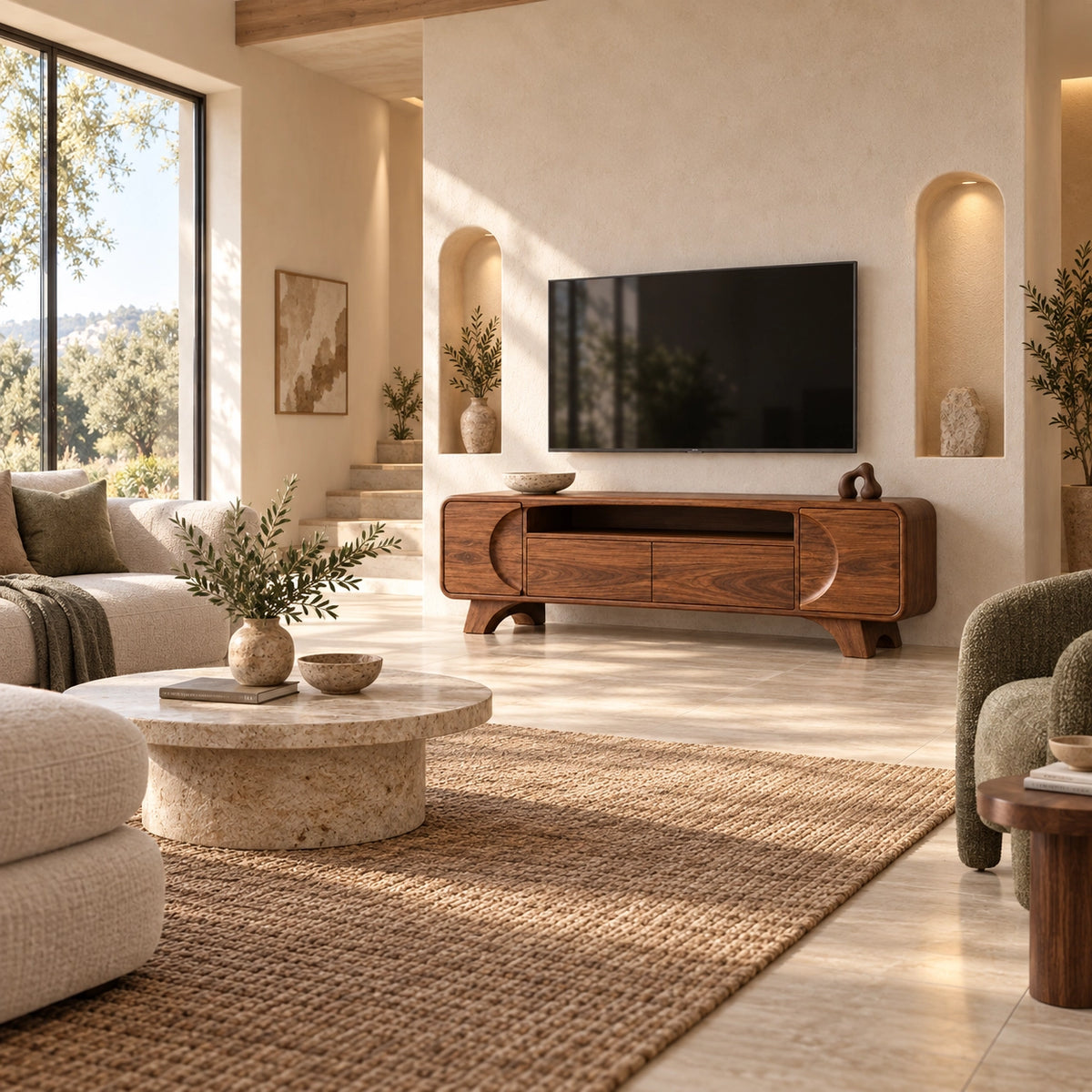 Modern TV Stand with Rounded Storage Drawers in Natural Solid Wood - Rustiracraft - 2