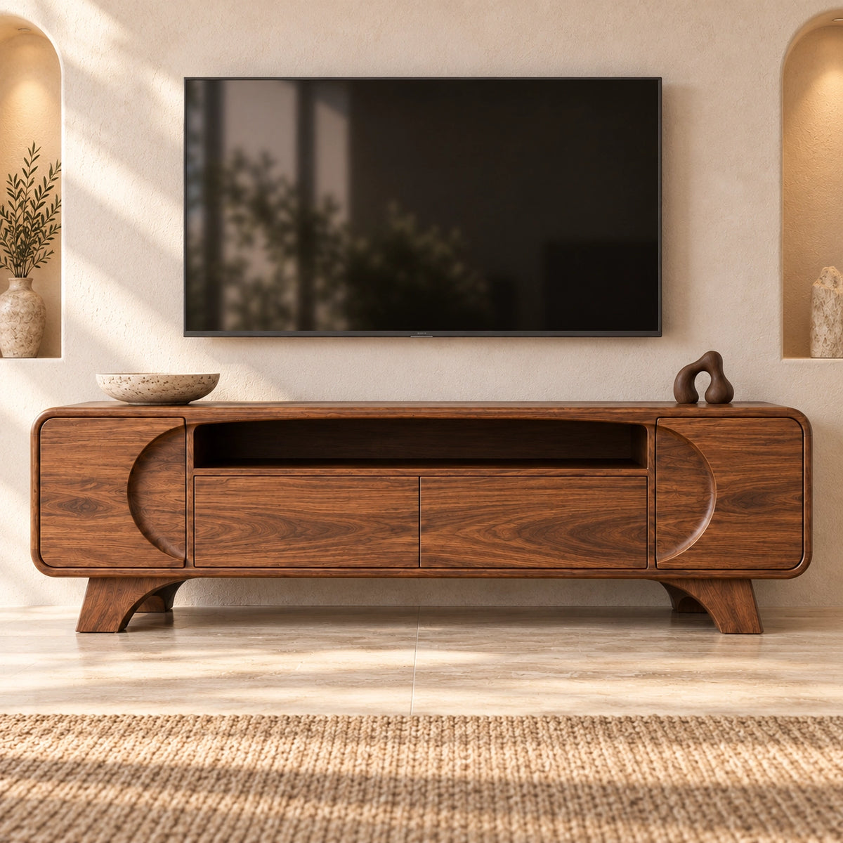 Modern TV Stand with Rounded Storage Drawers in Natural Solid Wood - Rustiracraft - 3