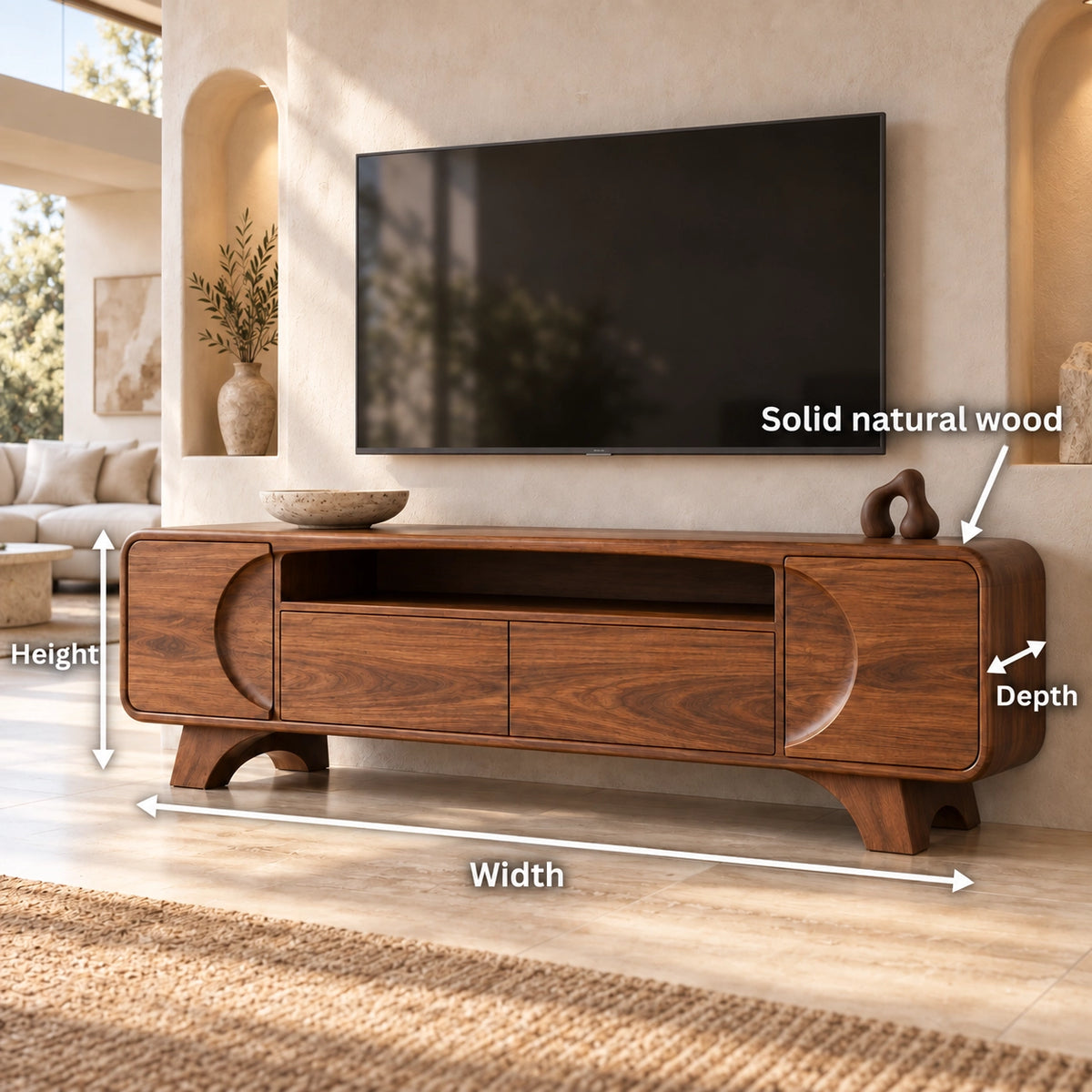 Modern TV Stand with Rounded Storage Drawers in Natural Solid Wood - Rustiracraft - 6
