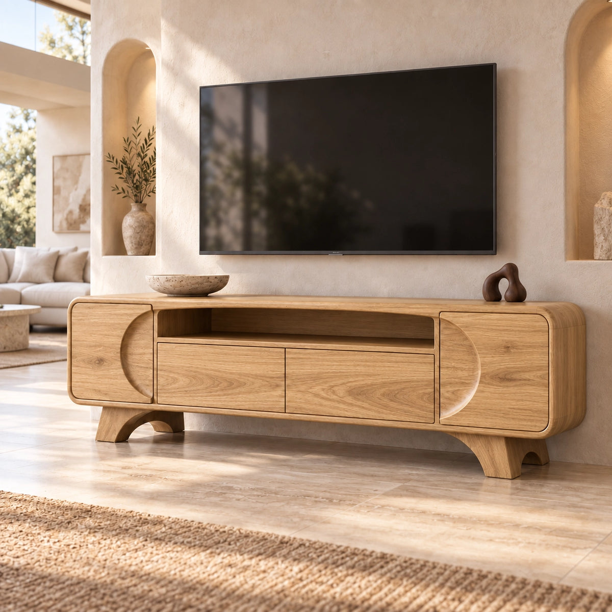 Modern TV Stand with Rounded Storage Drawers in Natural Solid Wood - Rustiracraft - 8