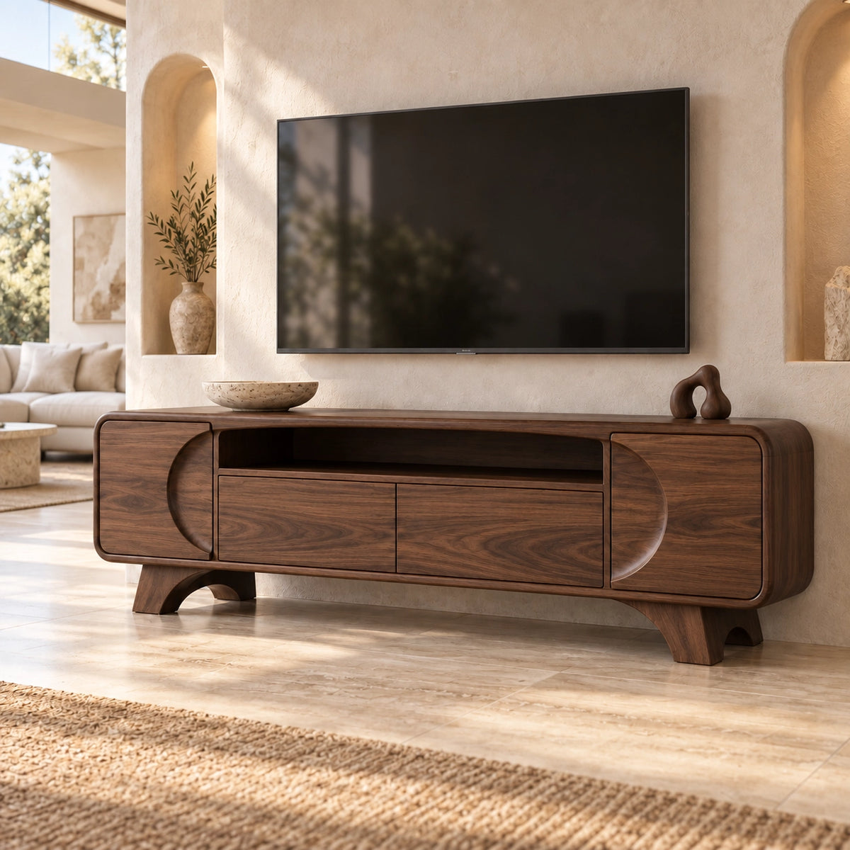 Modern TV Stand with Rounded Storage Drawers in Natural Solid Wood - Rustiracraft - 9