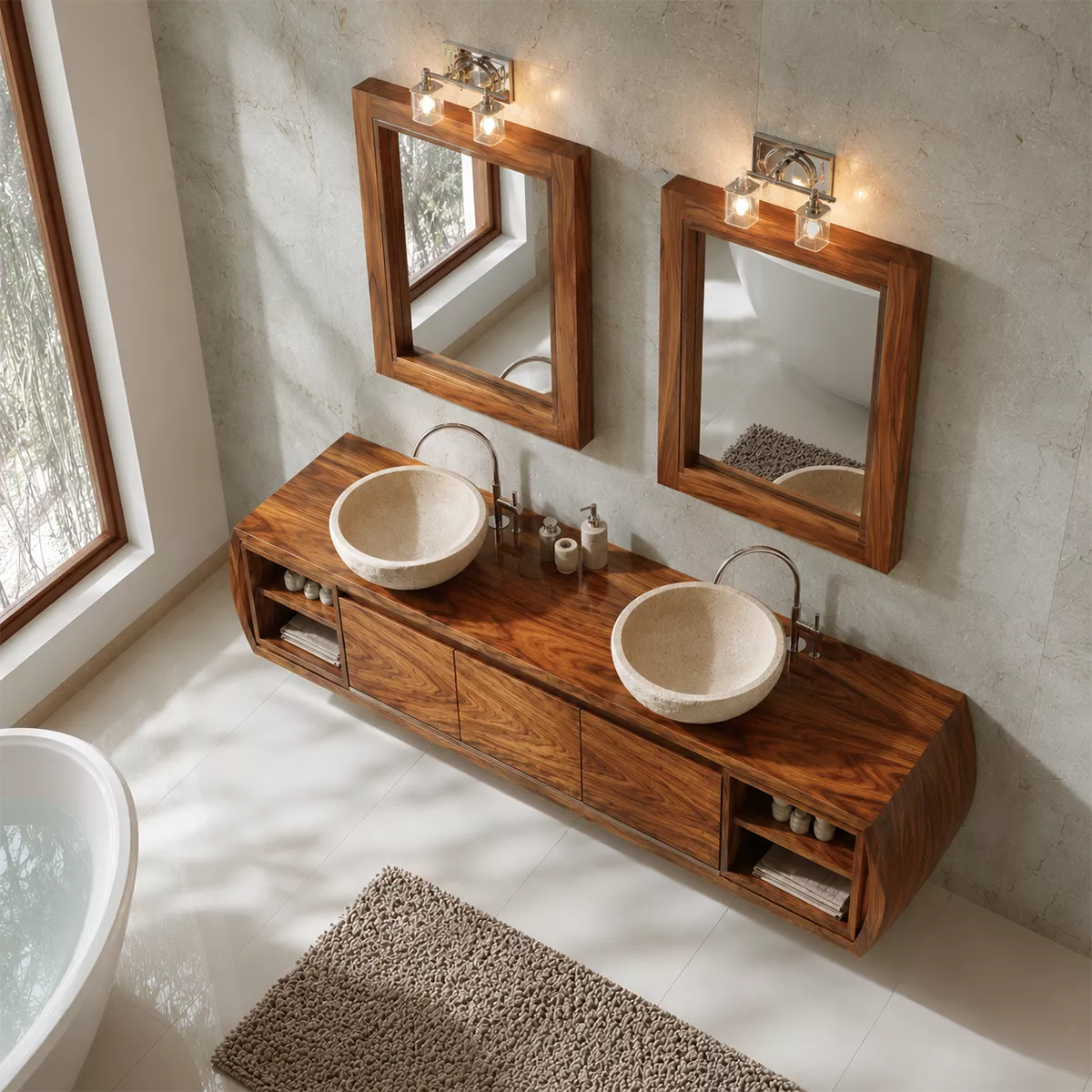 Natural Solid Wood Bathroom Vanity with Curved Storage Traditional - Rustiracraft - 2