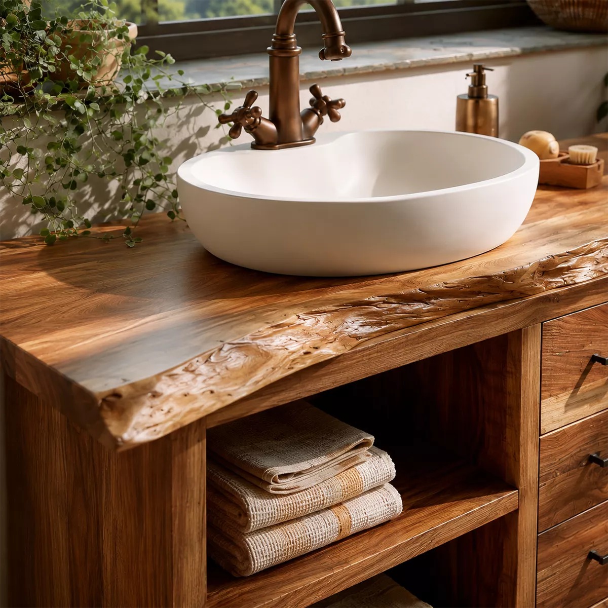 Natural Solid Wood Bathroom Vanity with Drawers Open Shelves Rustic - Rustiracraft - 1