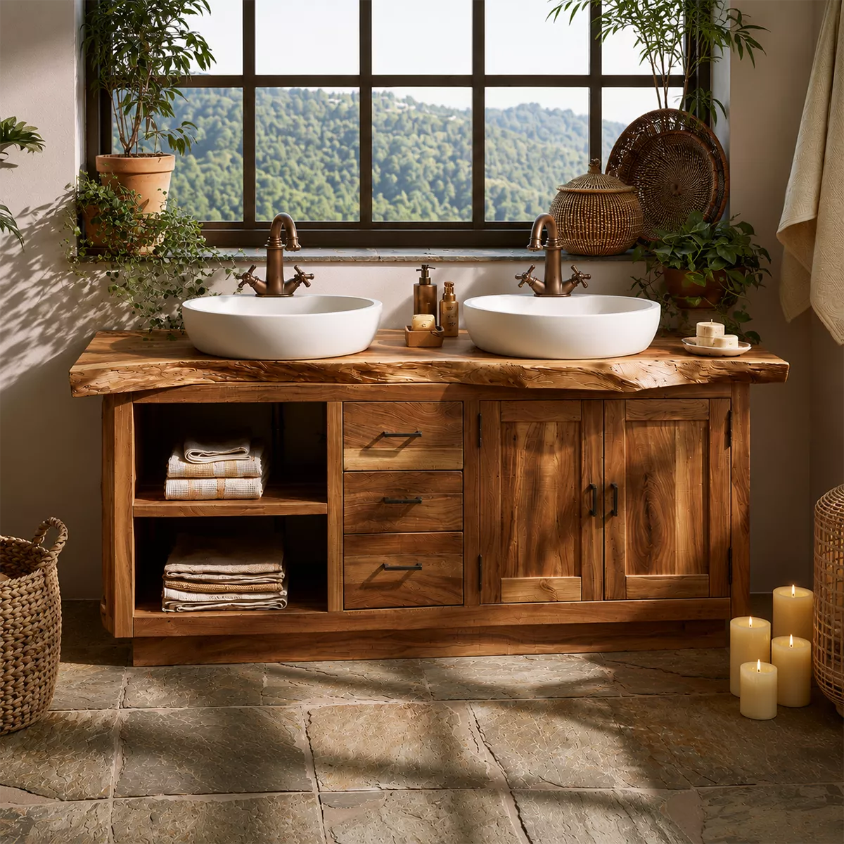 Natural Solid Wood Bathroom Vanity with Drawers Open Shelves Rustic - Rustiracraft - 4