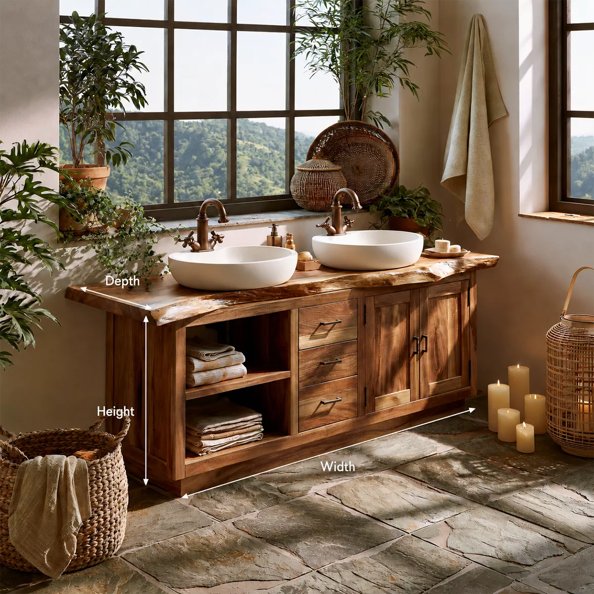 Natural Solid Wood Bathroom Vanity with Drawers Open Shelves Rustic - Rustiracraft - 6