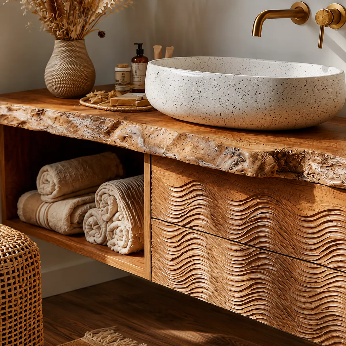 Natural Solid Wood Bathroom Vanity with Sculptural Wave Drawers Traditional - Rustiracraft - 1