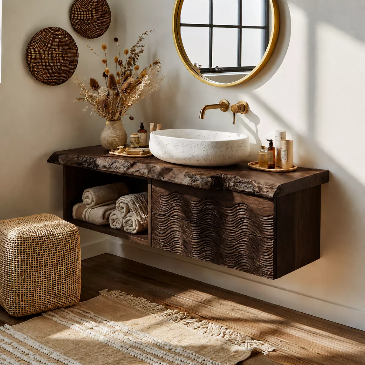 Natural Solid Wood Bathroom Vanity with Sculptural Wave Drawers Traditional - Rustiracraft - 11