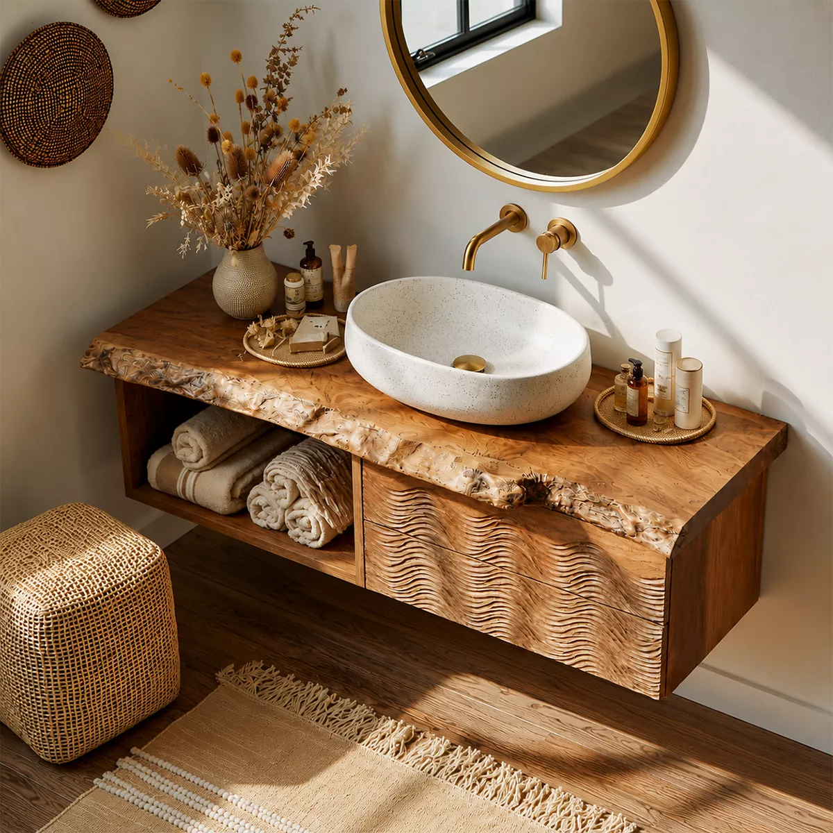 Natural Solid Wood Bathroom Vanity with Sculptural Wave Drawers Traditional - Rustiracraft - 2