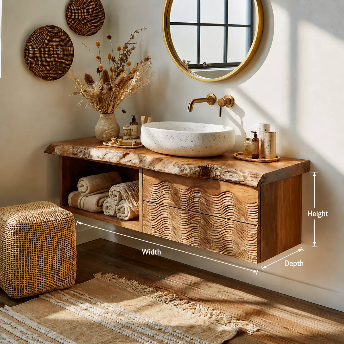 Natural Solid Wood Bathroom Vanity with Sculptural Wave Drawers Traditional - Rustiracraft - 6