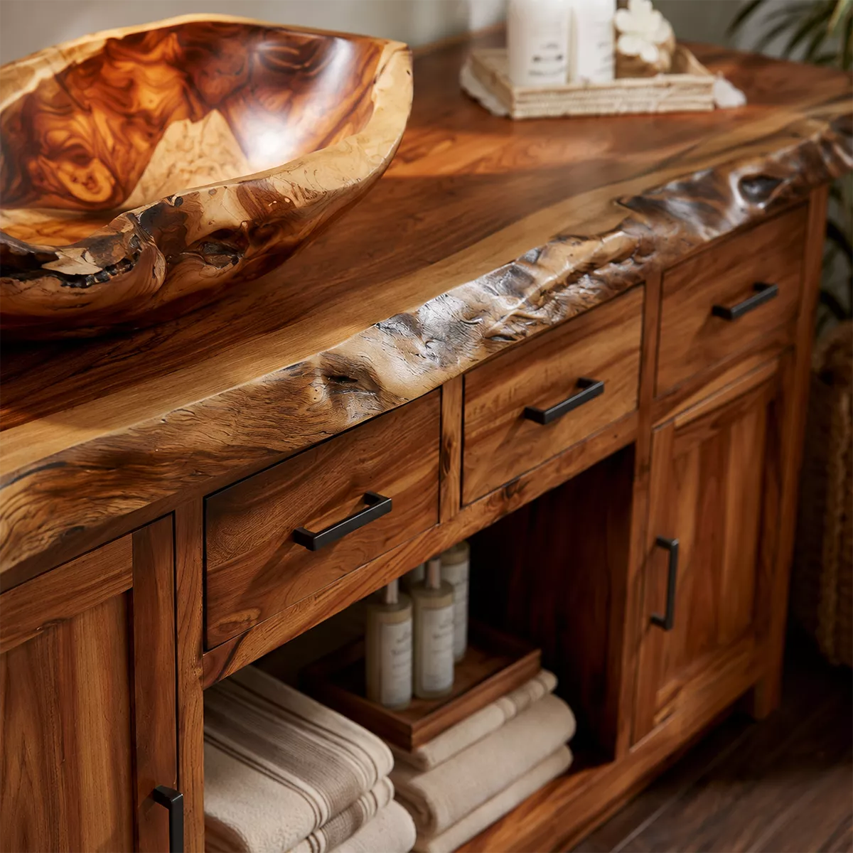 Natural Solid Wood Bathroom Vanity with Three Drawers Traditional - Rustiracraft - 1