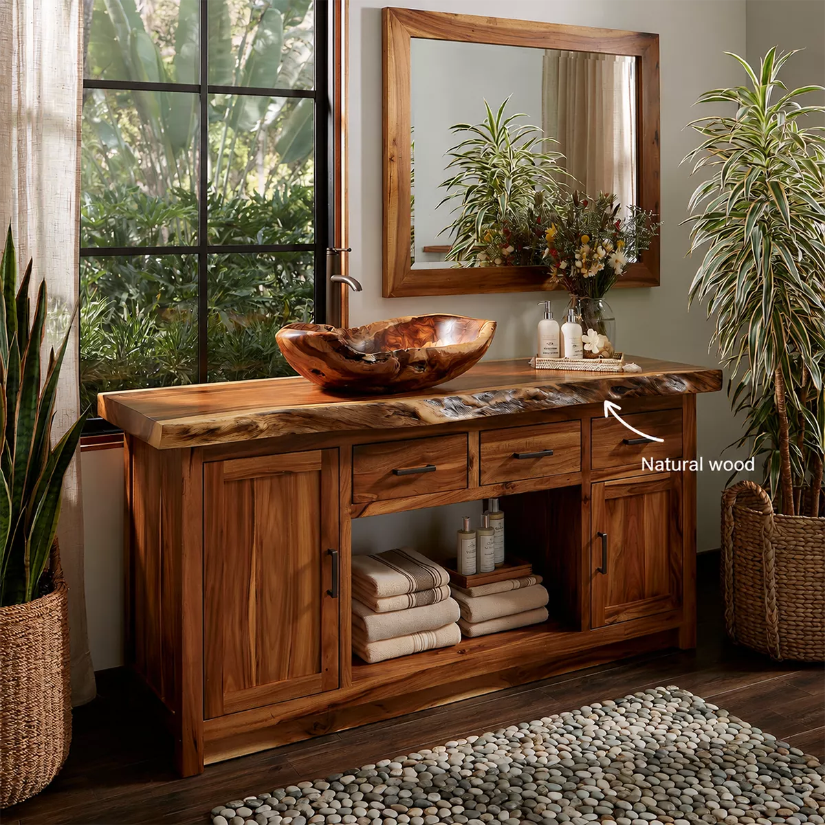 Natural Solid Wood Bathroom Vanity with Three Drawers Traditional - Rustiracraft - 6