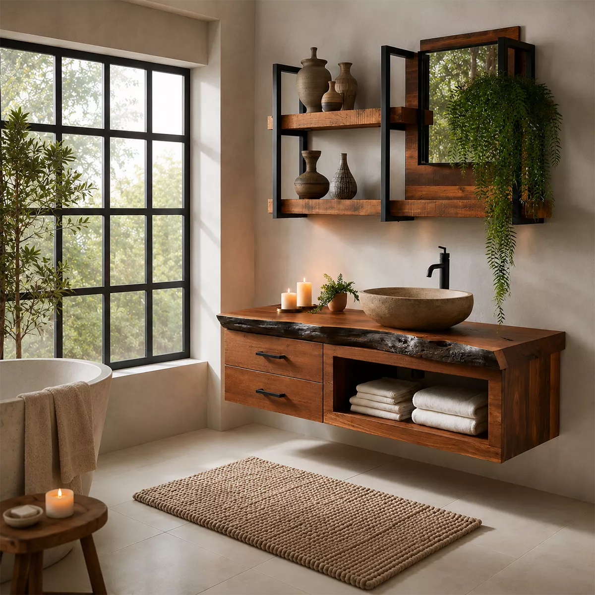 Natural Solid Wood Bathroom Vanity with Two Drawers Open Shelf Traditional - Rustiracraft - 4