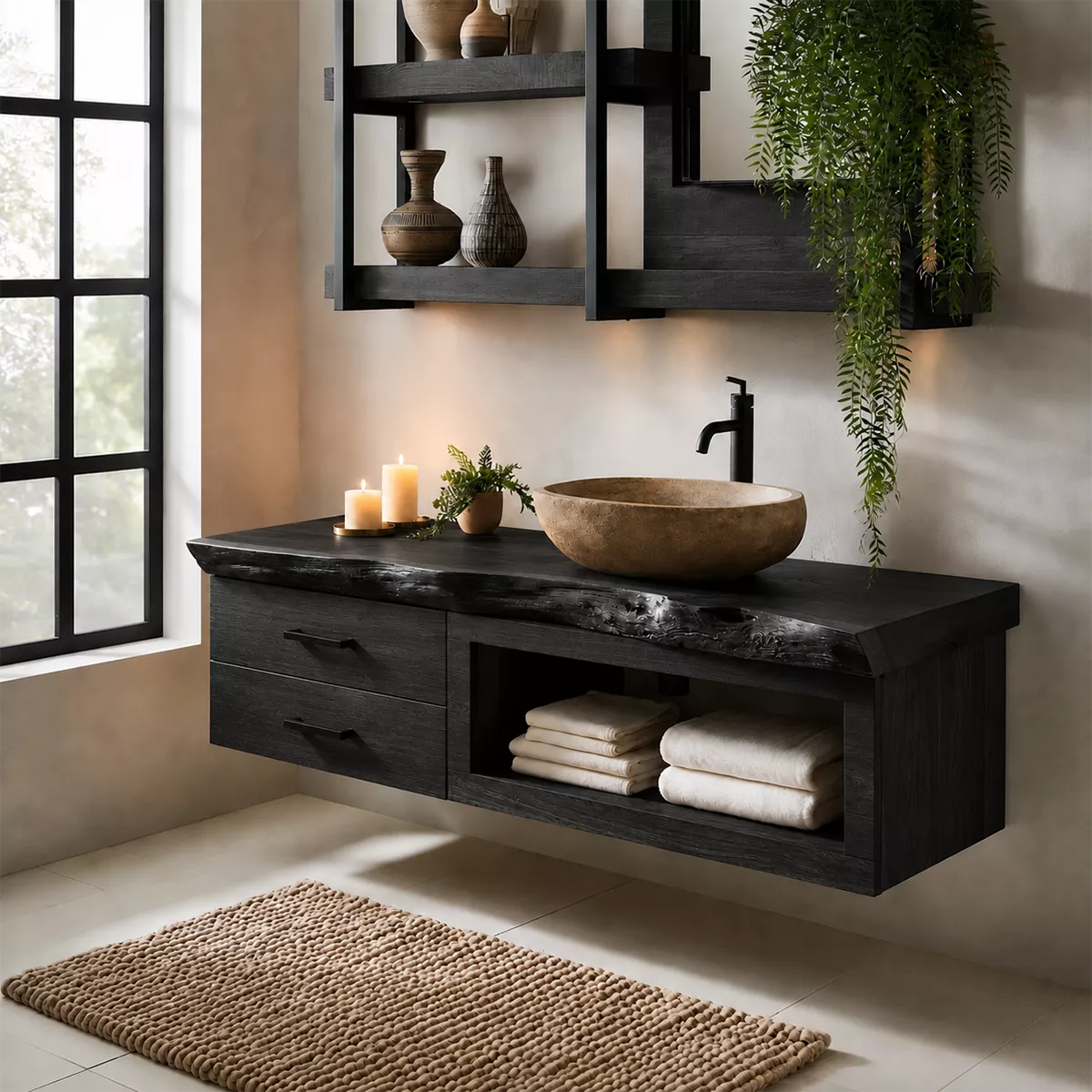Natural Solid Wood Bathroom Vanity with Two Drawers Open Shelf Traditional - Rustiracraft - 8