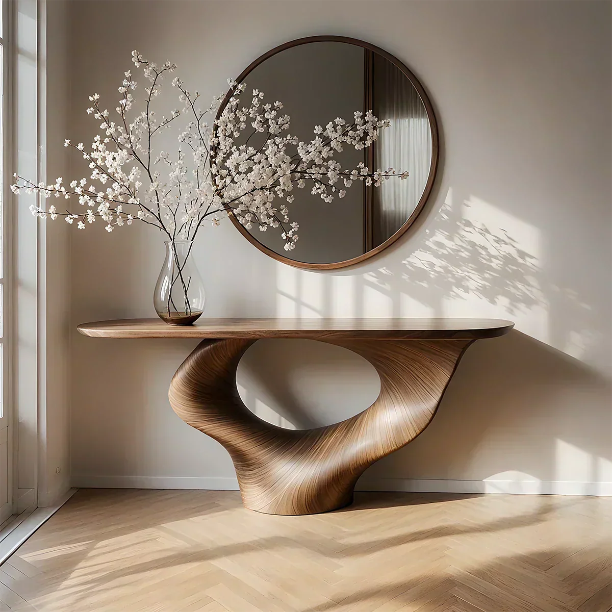 Natural Solid Wood Curved Sculptural Console – Japandi Modern Elegance - RustiraCraft