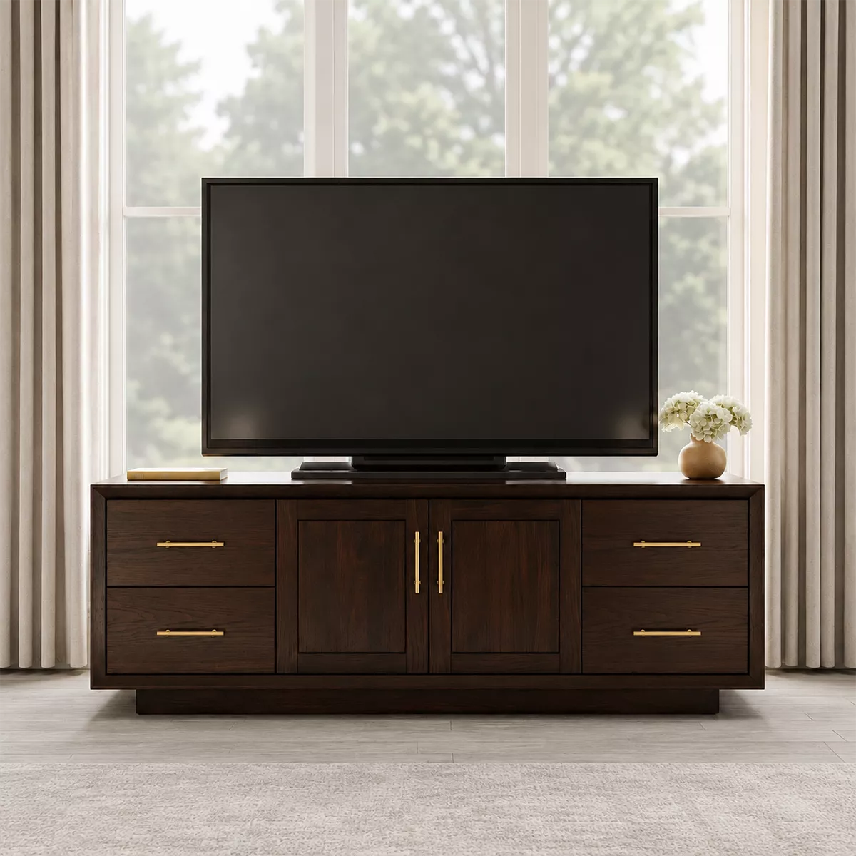 Natural Solid Wood TV Stand with Four Drawers Cabinet Doors Japandi - Rustiracraft - 4