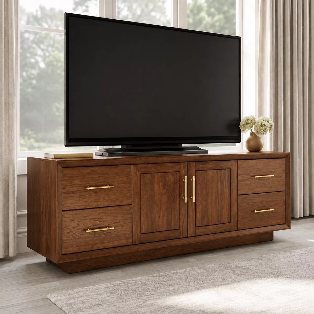 Natural Solid Wood TV Stand with Four Drawers Cabinet Doors Japandi - Rustiracraft - 9