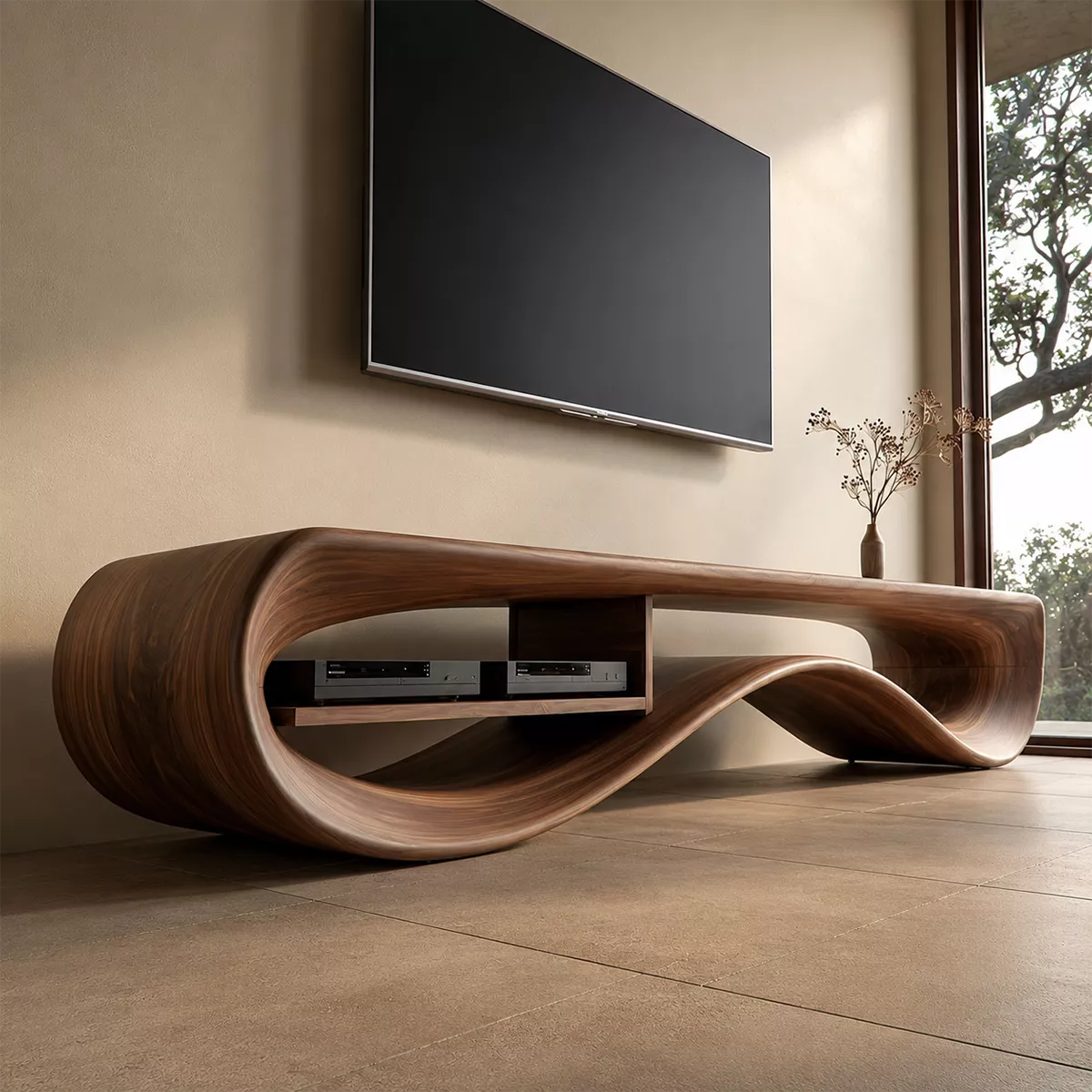 Natural Solid Wood TV Stand with Sculptural Curved Base Minimalist - Rustiracraft - 2