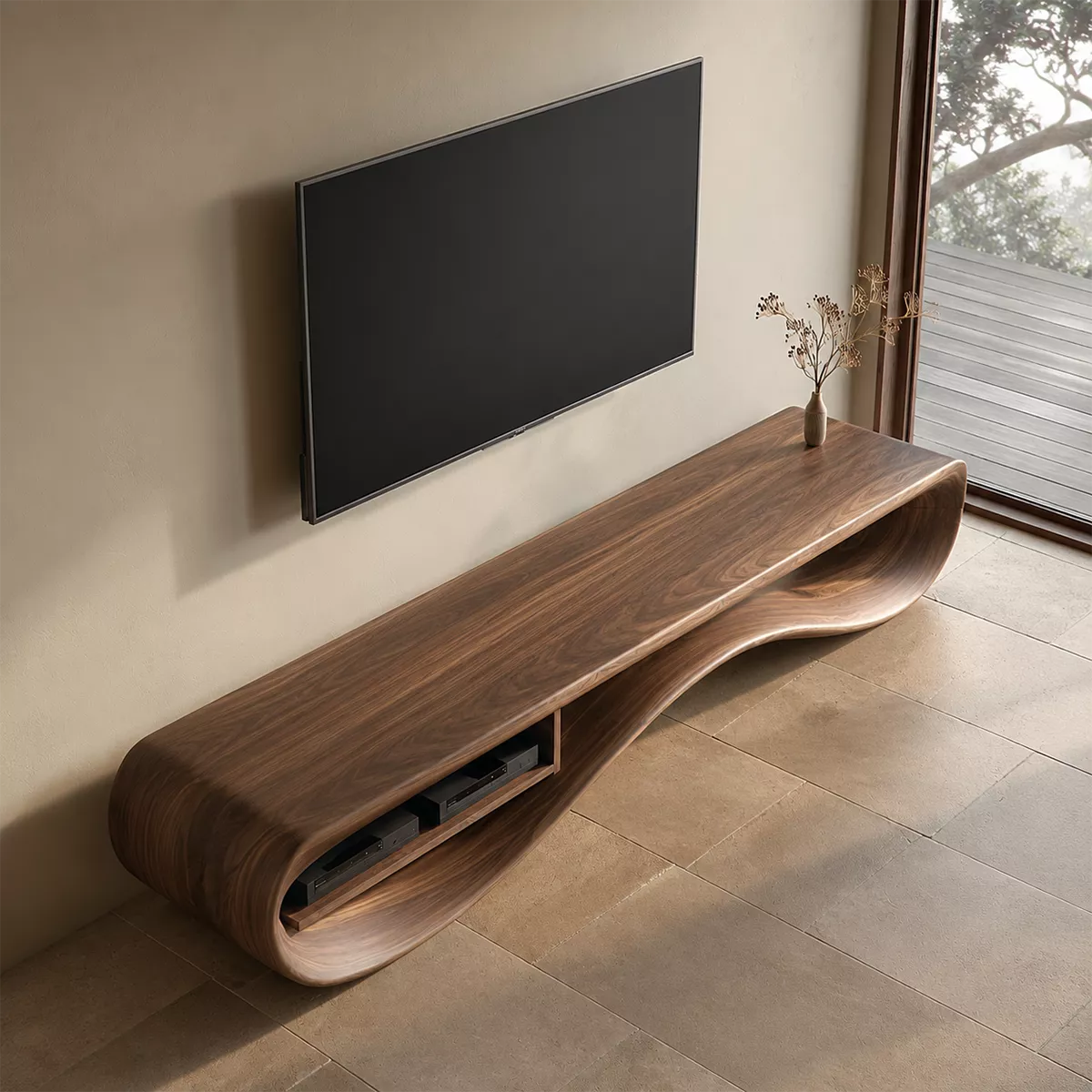 Natural Solid Wood TV Stand with Sculptural Curved Base Minimalist - Rustiracraft - 3