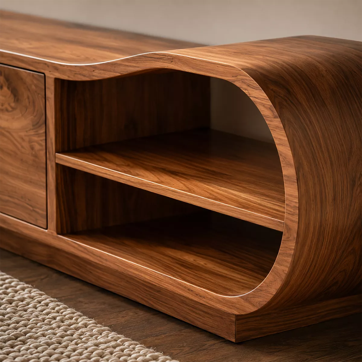 Natural Solid Wood TV Stand with Sculptural Rounded Nook Japandi Style - Rustiracraft - 1
