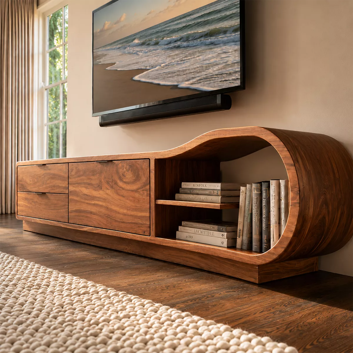 Natural Solid Wood TV Stand with Sculptural Rounded Nook Japandi Style - Rustiracraft - 2