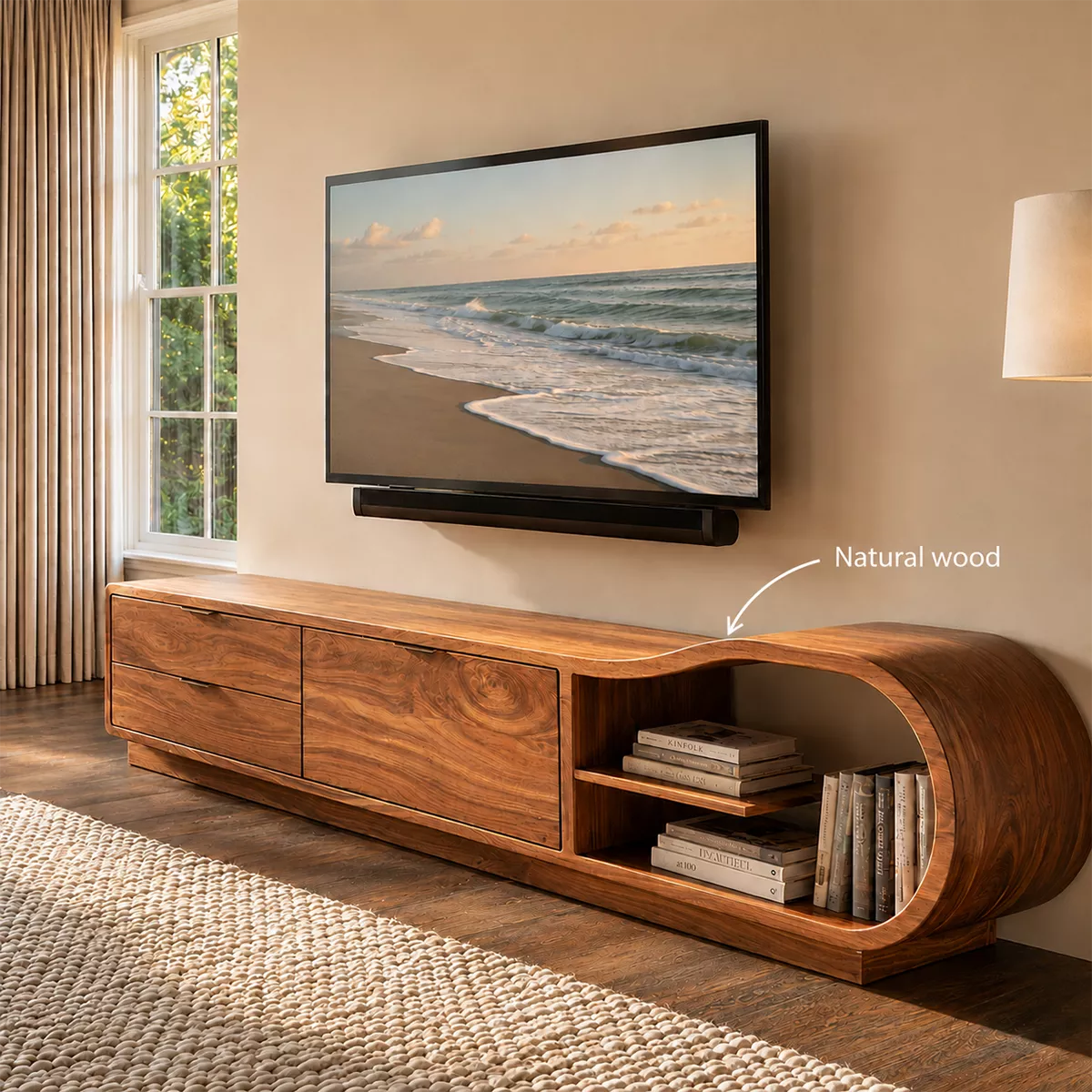 Natural Solid Wood TV Stand with Sculptural Rounded Nook Japandi Style - Rustiracraft - 6