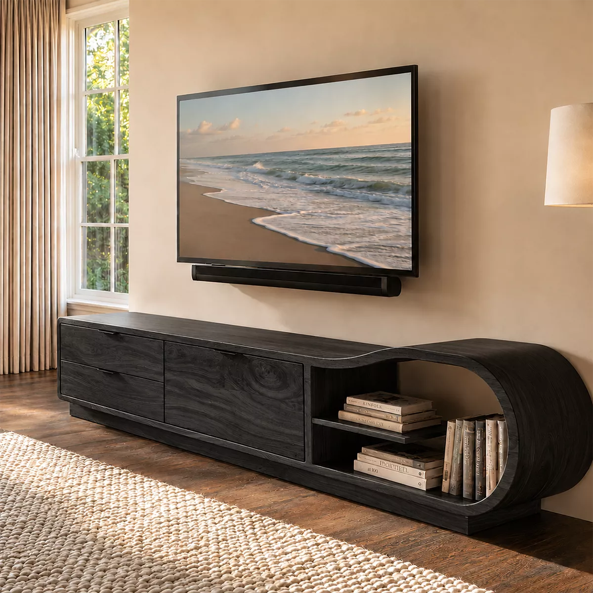 Natural Solid Wood TV Stand with Sculptural Rounded Nook Japandi Style - Rustiracraft - 8