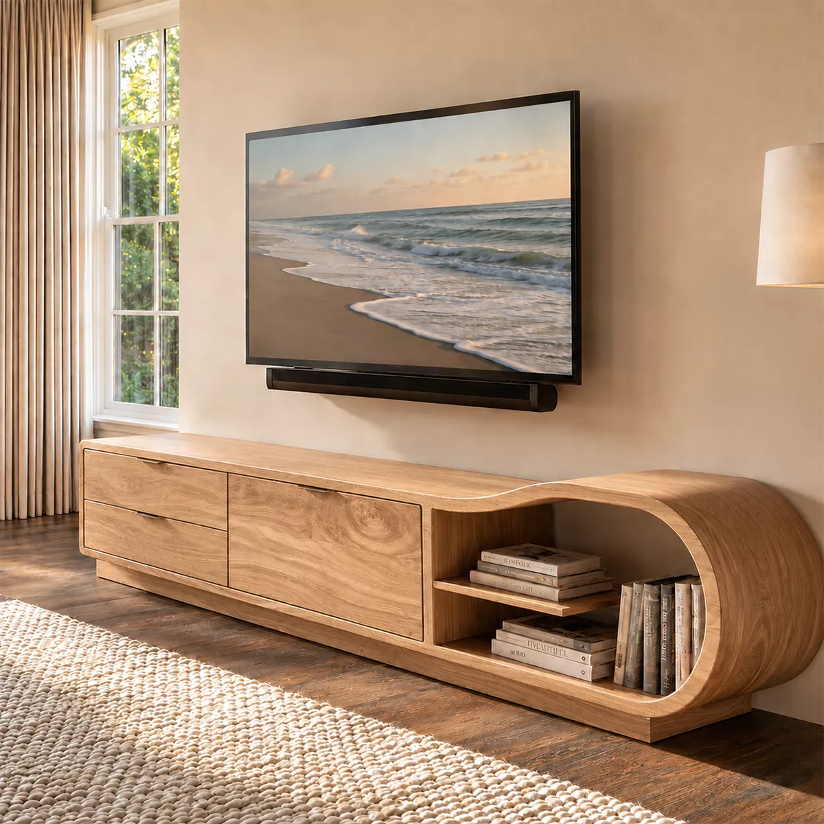 Natural Solid Wood TV Stand with Sculptural Rounded Nook Japandi Style - Rustiracraft - 9