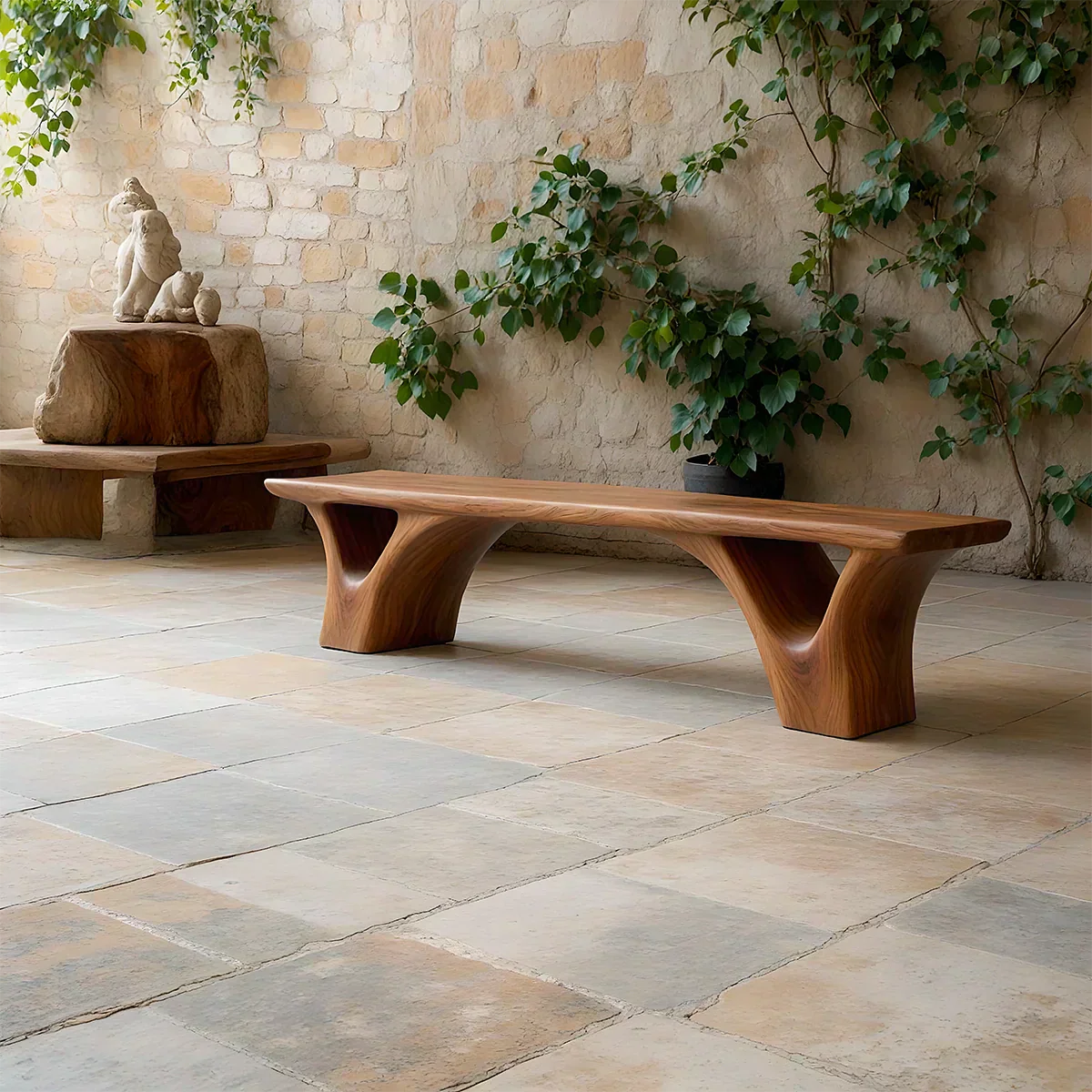 Sculpted Arch-Base Solid Wood Bench – Modern Fluid Silhouette - RustiraCraft