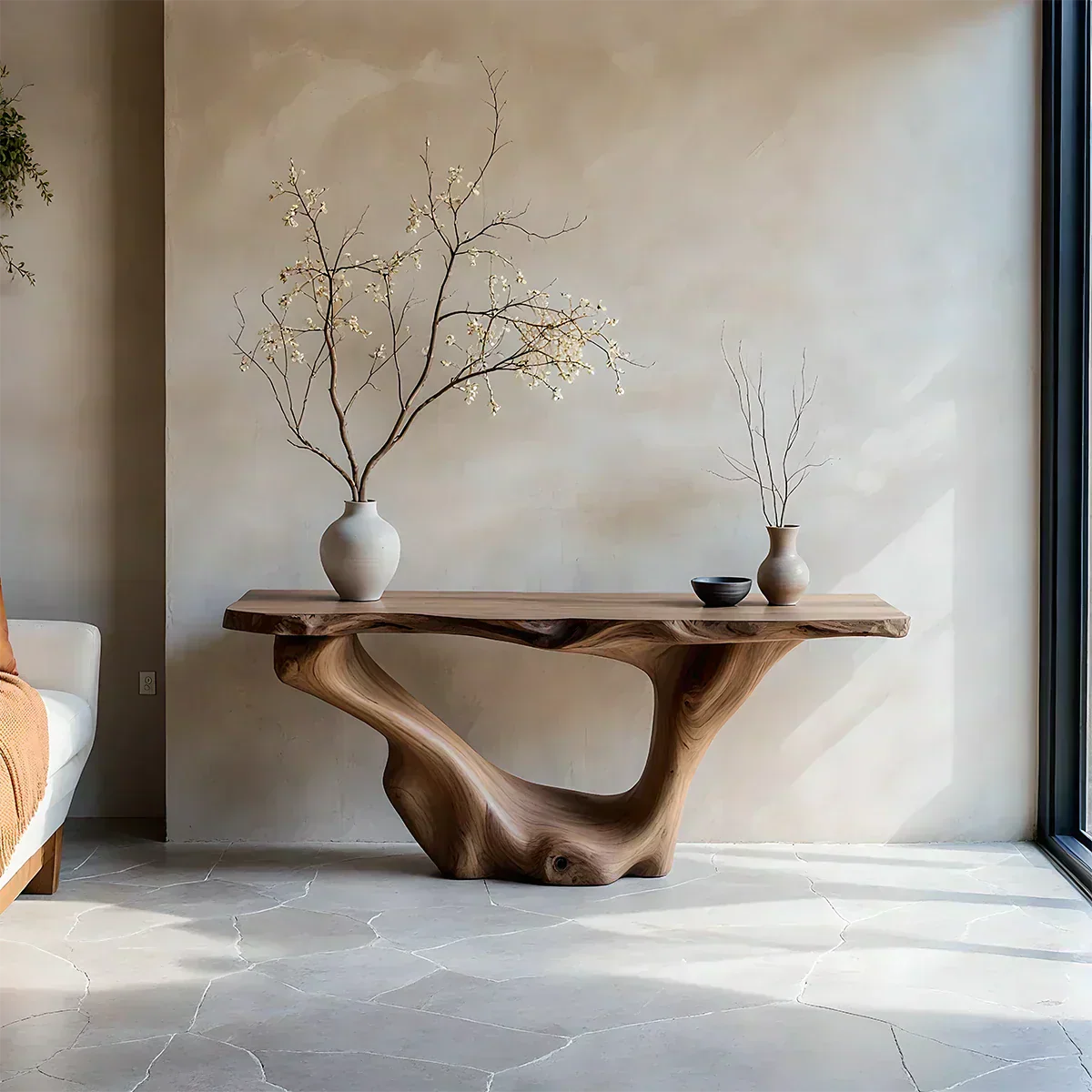 Sculptural Organic Solid Wood Console Table – Art Form Base - RustiraCraft