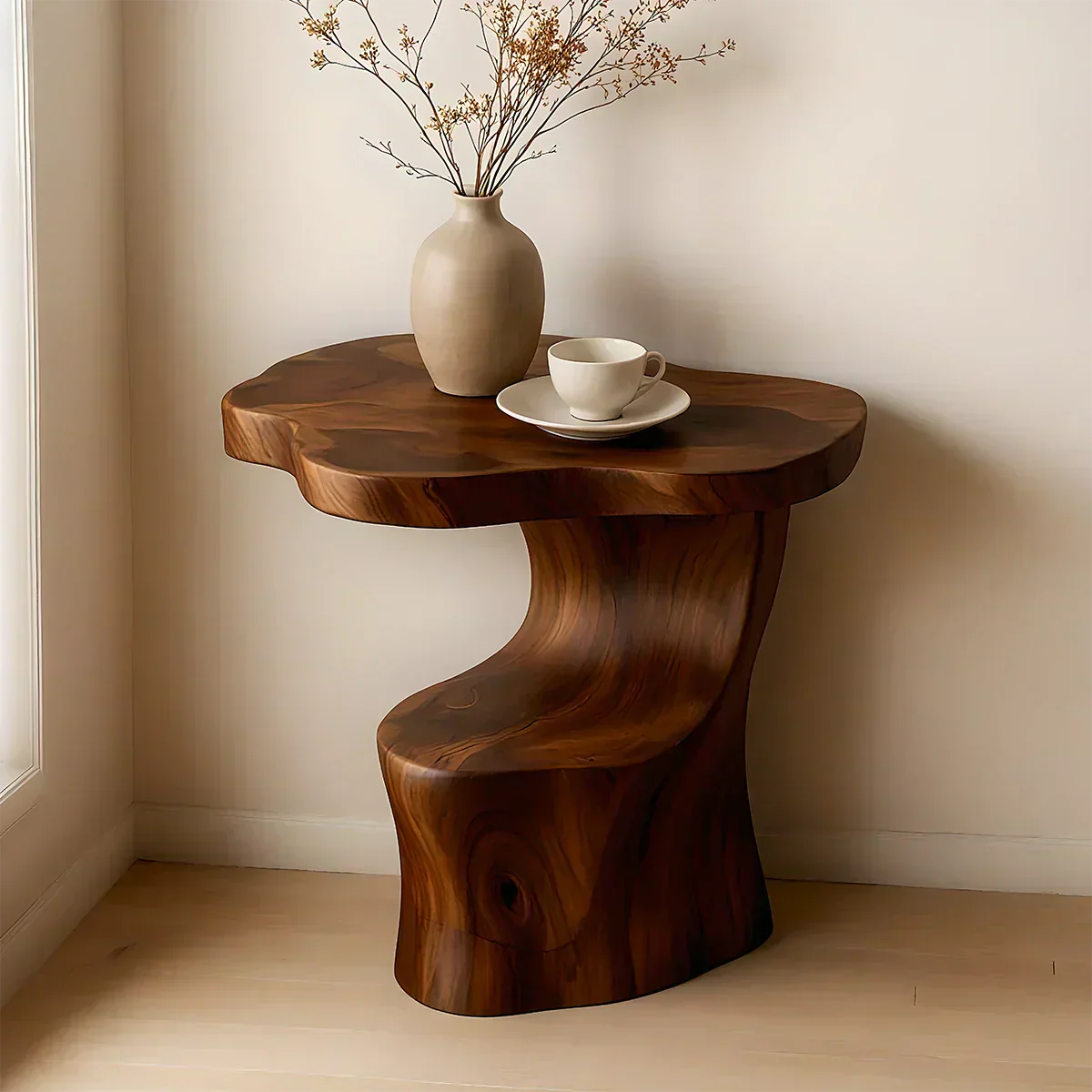 Solid Wood Accent Table – Modern Sculptural Flowform - RustiraCraft