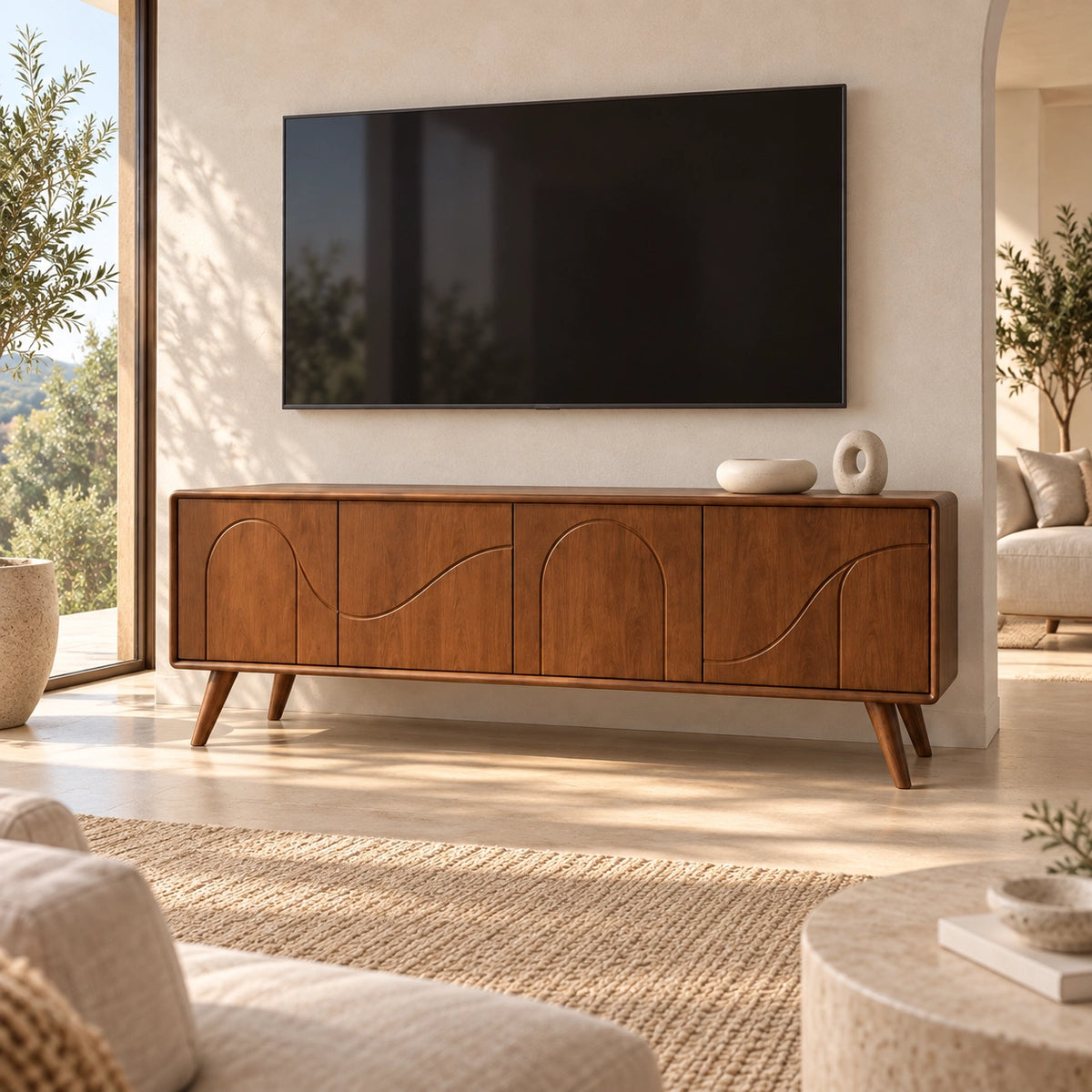 TV Stand with Arched Cabinet Doors in Natural Solid Wood for Six Sizes - Rustiracraft - 1