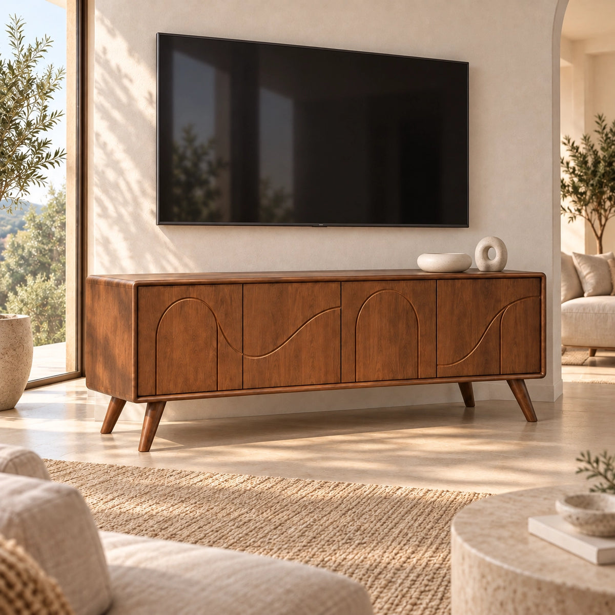 TV Stand with Arched Cabinet Doors in Natural Solid Wood for Six Sizes - Rustiracraft - 3
