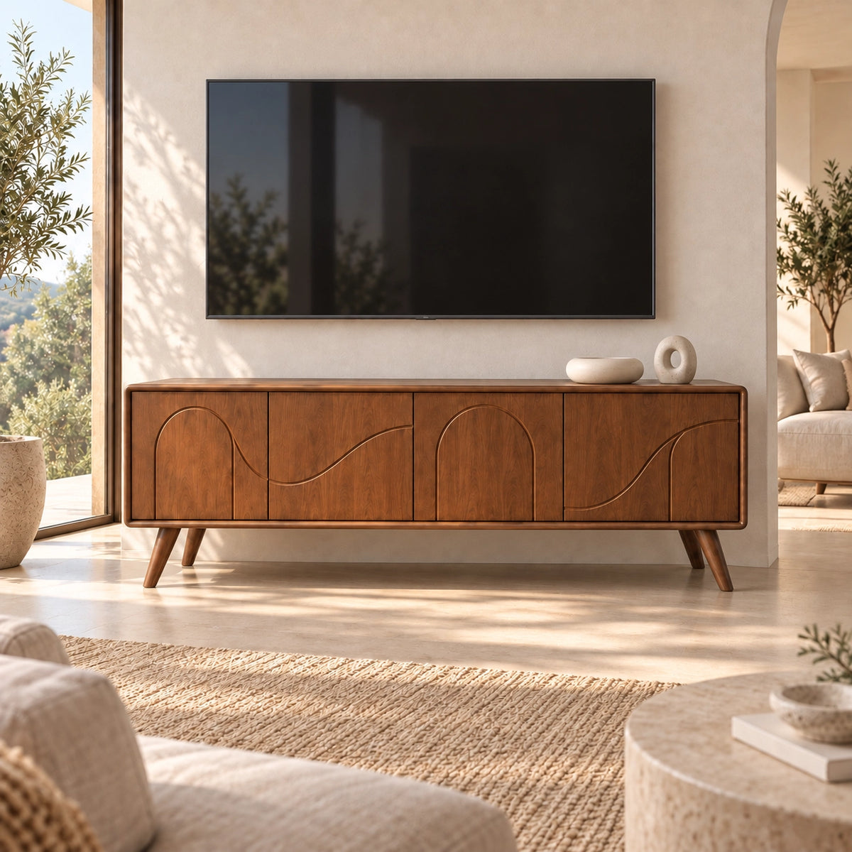 TV Stand with Arched Cabinet Doors in Natural Solid Wood for Six Sizes - Rustiracraft - 4