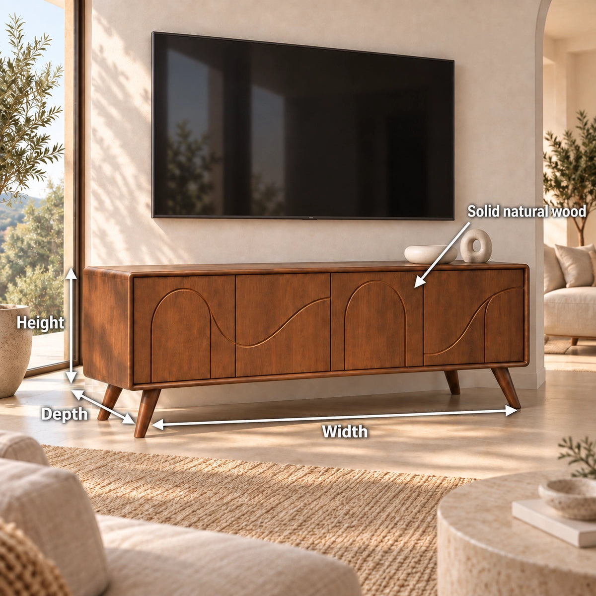 TV Stand with Arched Cabinet Doors in Natural Solid Wood for Six Sizes - Rustiracraft - 7