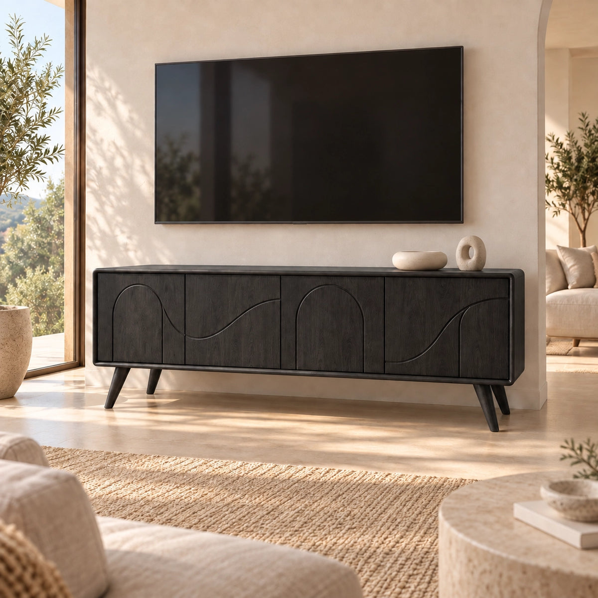 TV Stand with Arched Cabinet Doors in Natural Solid Wood for Six Sizes - Rustiracraft - 8