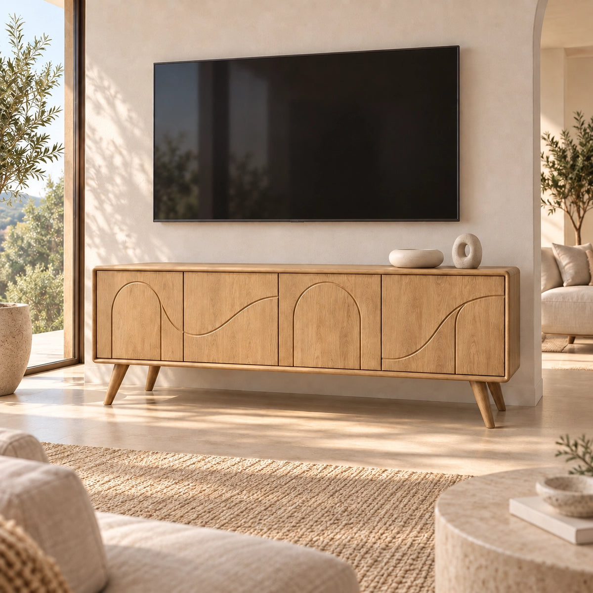 TV Stand with Arched Cabinet Doors in Natural Solid Wood for Six Sizes - Rustiracraft - 9