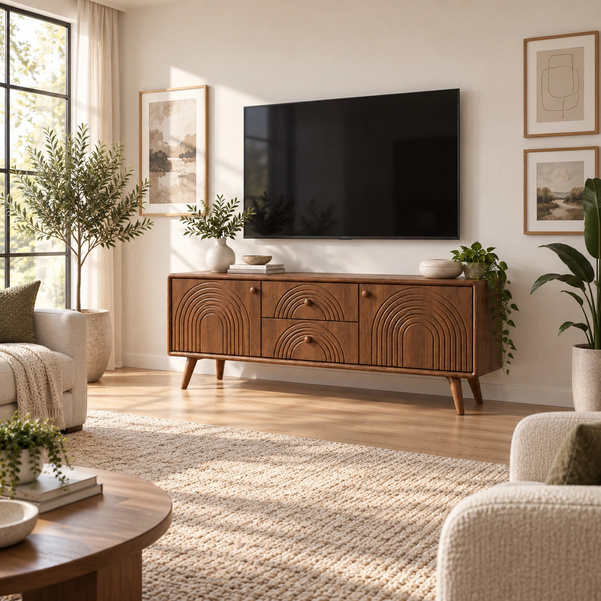 TV Stand with Arched Carved Doors in Natural Solid Wood for Living - Rustiracraft - 2
