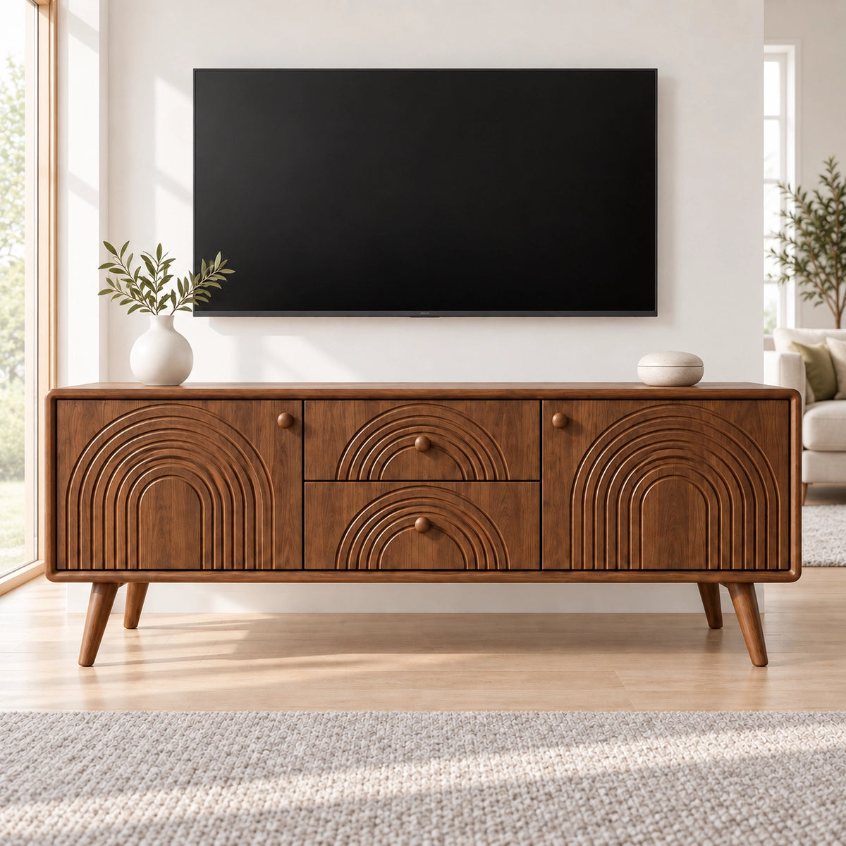 TV Stand with Arched Carved Doors in Natural Solid Wood for Living - Rustiracraft - 3