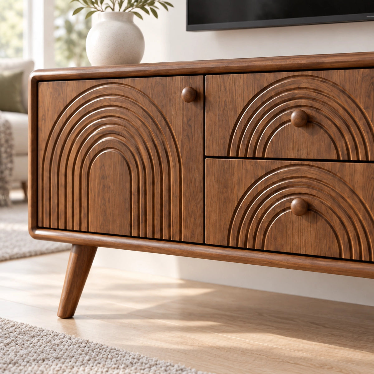 TV Stand with Arched Carved Doors in Natural Solid Wood for Living - Rustiracraft - 5
