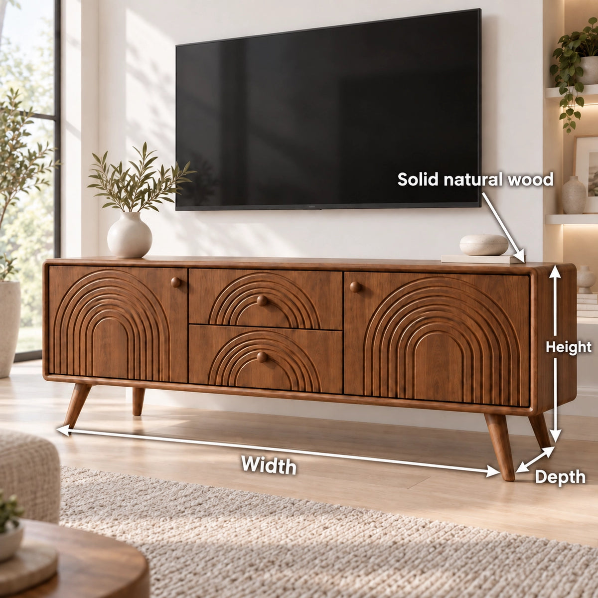 TV Stand with Arched Carved Doors in Natural Solid Wood for Living - Rustiracraft - 6
