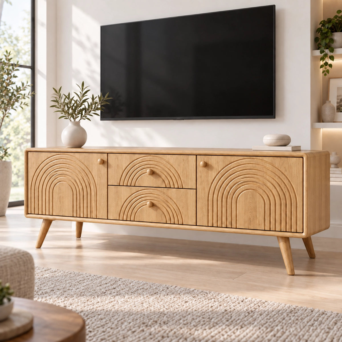 TV Stand with Arched Carved Doors in Natural Solid Wood for Living - Rustiracraft - 8