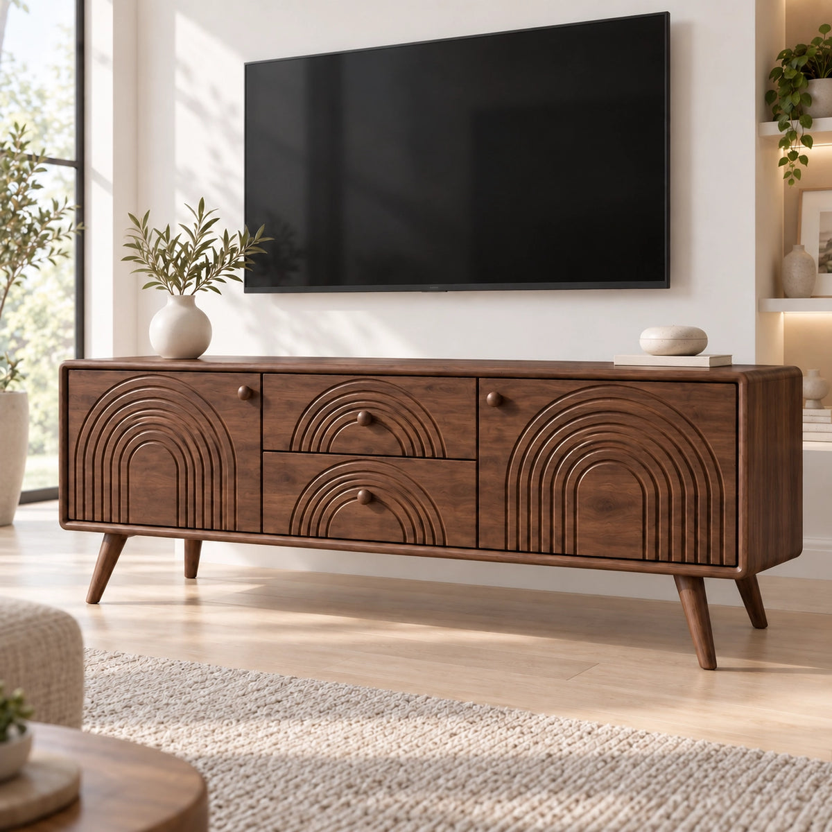 TV Stand with Arched Carved Doors in Natural Solid Wood for Living - Rustiracraft - 9