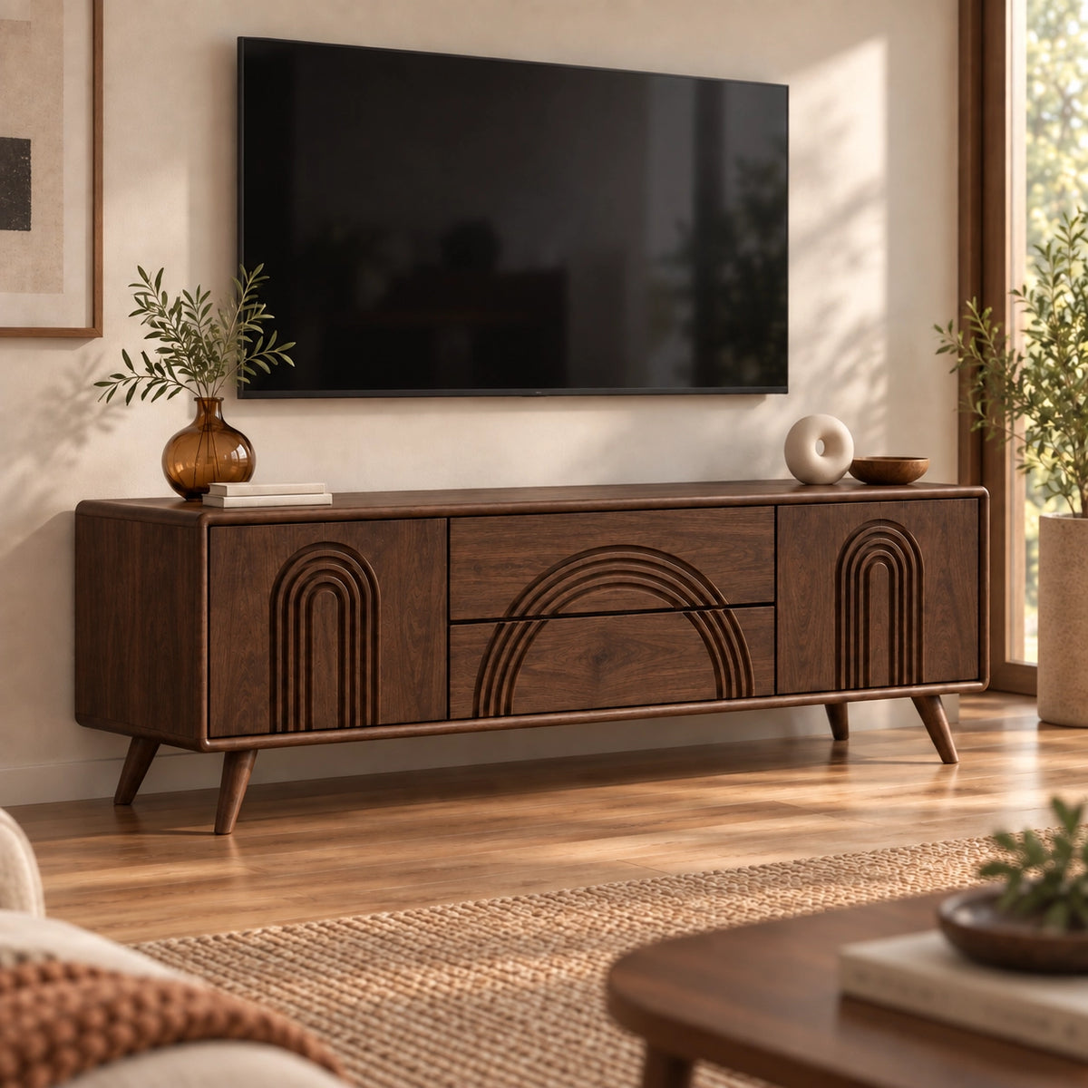 TV Stand with Arched Relief Carving in Natural Solid Wood for Living - Rustiracraft - 10