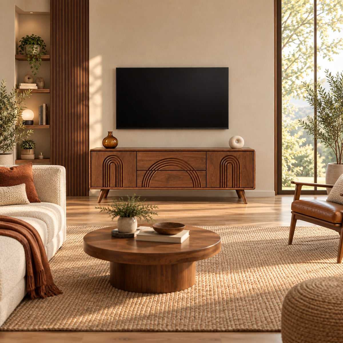 TV Stand with Arched Relief Carving in Natural Solid Wood for Living - Rustiracraft - 2