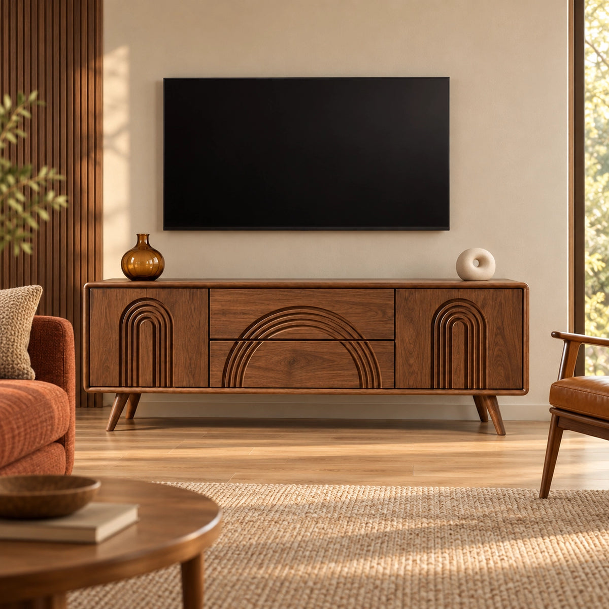 TV Stand with Arched Relief Carving in Natural Solid Wood for Living - Rustiracraft - 3