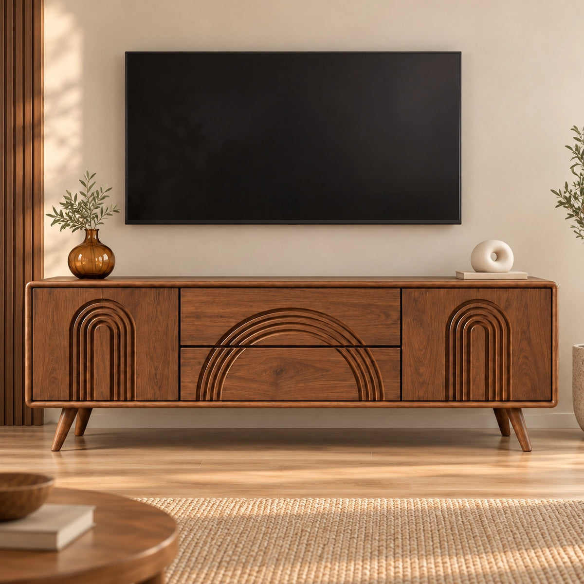 TV Stand with Arched Relief Carving in Natural Solid Wood for Living - Rustiracraft - 4